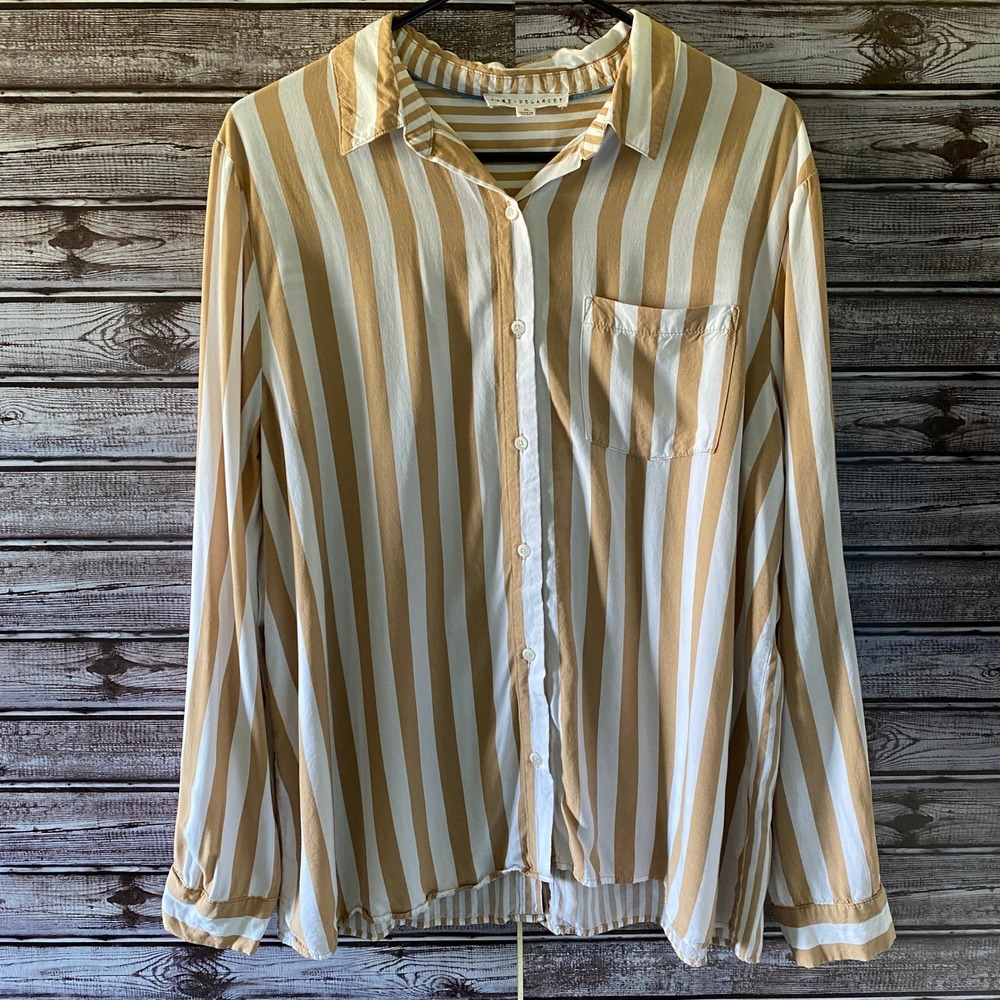 Jane‎ + Delancey Women's Long-Sleeved Button-Down Top Size XL Tan White Striped